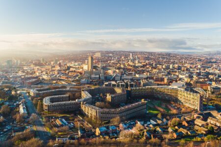 Sheffield cityscape shot and aerial of Park Hill from above credit Marketing Sheffield